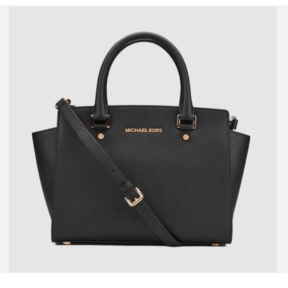 NEW Michael Kors Satchel Medium Size Handbag Crossbody Bag Black Leather/Gold